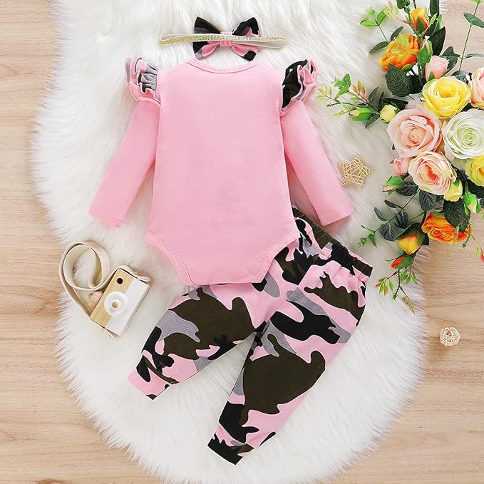 Newborn Baby Girl Clothes, Infant Girl Outfits Long Sleeve Ruffle Romper + Floral Pants + Headband Set