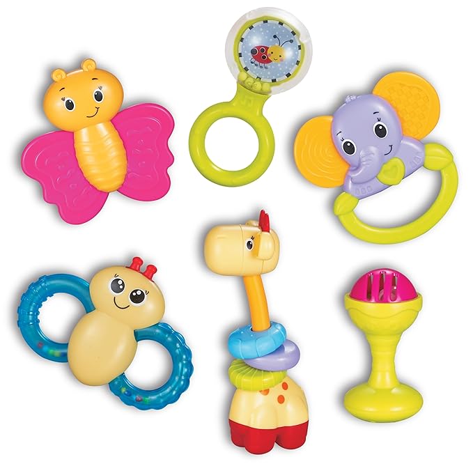 Small World Toys Baby Rattle, 6 Pcs Colorful Infant Rattle Set, Multi-Sensory Newborn Toys, Learning Rattle Toys for Infants 3-6 Months, 6-12 and Up, Montessori Toys for Babies Boy Girl Gift Set