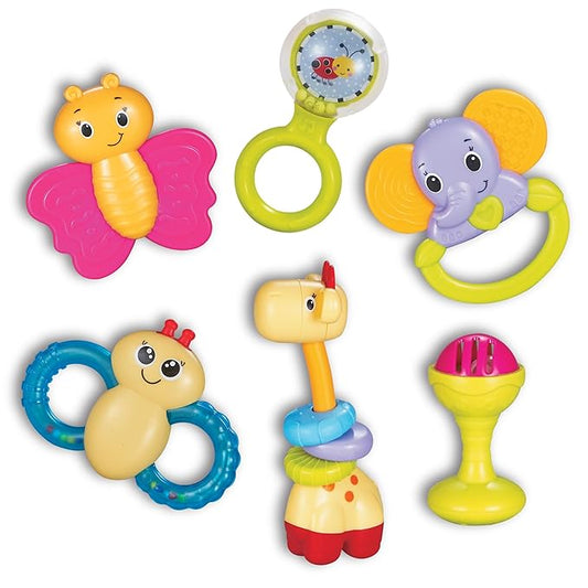 Small World Toys Baby Rattle, 6 Pcs Colorful Infant Rattle Set, Multi-Sensory Newborn Toys, Learning Rattle Toys for Infants 3-6 Months, 6-12 and Up, Montessori Toys for Babies Boy Girl Gift Set