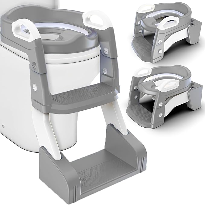 3-in-1 Toddler Potty Training Toilet with Ladder, Easy Assembly, Collapsible Potty Training Seat, Anti-slip Foldable Toddler Toilet Seat with Adjustable Step Stool For Kids Boys And Girls (Grey)