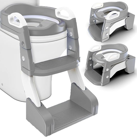 3-in-1 Toddler Potty Training Toilet with Ladder, Easy Assembly, Collapsible Potty Training Seat, Anti-slip Foldable Toddler Toilet Seat with Adjustable Step Stool For Kids Boys And Girls (Grey)