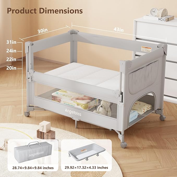 ANGELBLISS Baby Bassinet Bedside Crib, Pack and Play with Mattress, Diaper Changer, One-Push Setup Playards from Infants to Toddlers (Grey)