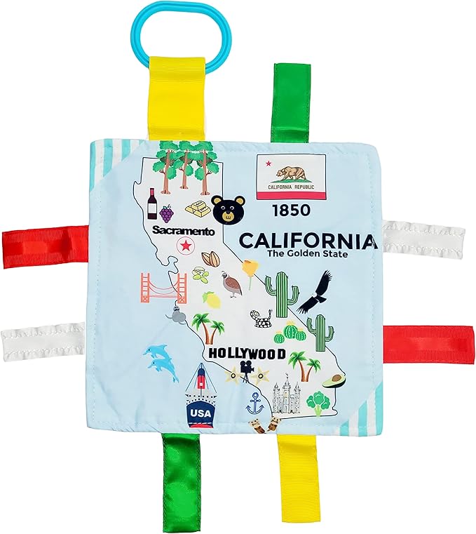 Baby Jack & Co 8x8” Learning Lovey California State Tag Stroller Toy for Babies - Crinkle Toys for Developing Five Senses - Learn About Capitals - Travel with Baby Jack - BPA Free Clip