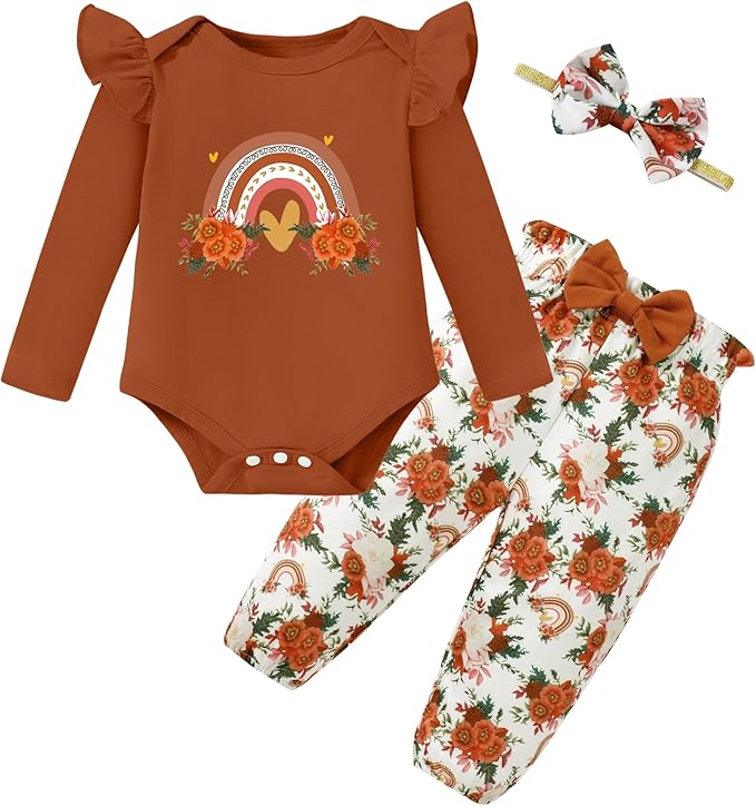 Baby Girl Clothes Newborn Infant Cotton Ruffle Romper+ Floral Pants + Headband Sets Fall Winter Outfits