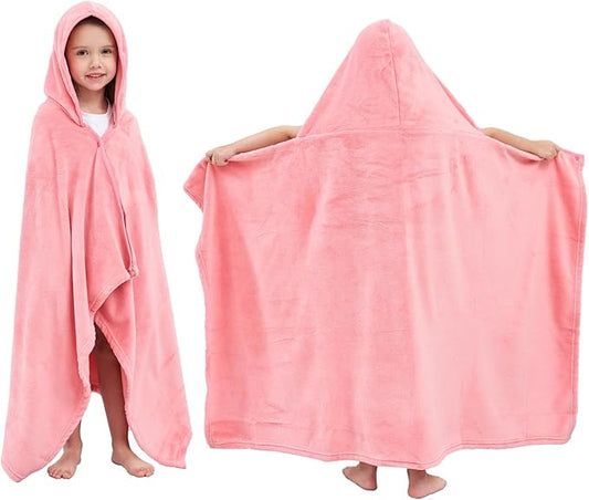 Hiturbo Kids Fleece Hooded Bath Towel: Soft Plush Pool Beach Towel Blanket - 50"x30" Toddler Towels Wrap for Boys Girls 3-12 Years (Pink)