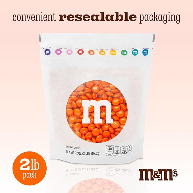 M&M'S World Orange Milk Chocolate Candy - 2 lbs Resealable Pack of Bulk Candy for Halloween, Birthdays, Easter, Graduations, Snack Packs, Party Favors, Themed Events and More