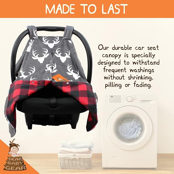 Dear Baby Gear - 40x30 Car Seat Canopy, Infant Carrier Cover for Boys & Girls, Cozy Fall, Nursing & Stroller Use, Newborn Travel Sunshade, White Antlers, Plaid Red & Black Buffalo