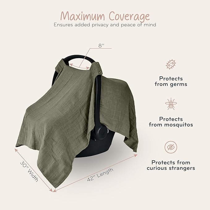 Car Seat Cover Baby - Organic Cotton - Carseat Covers Baby - Carseat Cover - Car Seat Canopy - Carseat Canopy - 100% Muslin Cotton, 43" x 32" (Sage Green)