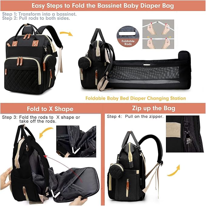 Diaper Bag with Changing Station, Waterproof 3 in 1 Baby Diaper Backpack with Foldable Changing Pad, Large Travel Back Pack for Baby Girl Boy, Baby essentials, Black