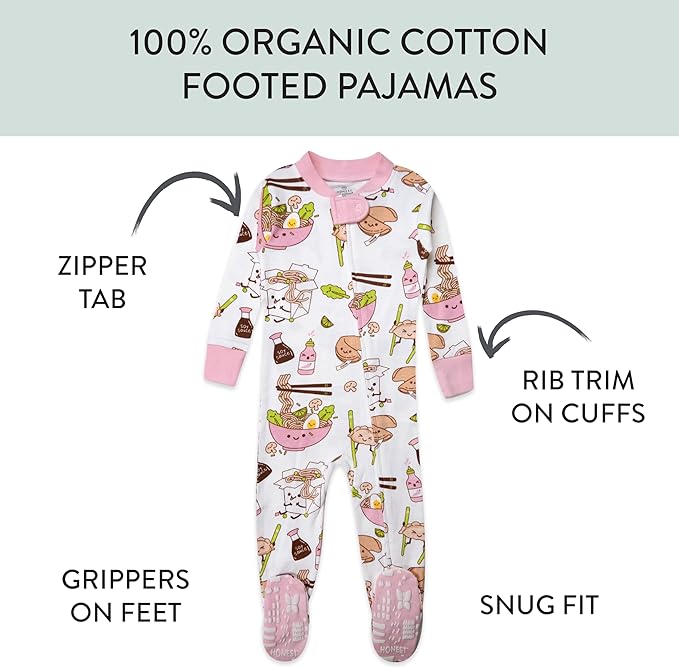 HonestBaby Non-Slip Footed Pajamas One-Piece Sleeper Zip-Front Pjs 100% Organic Cotton for Baby Girls