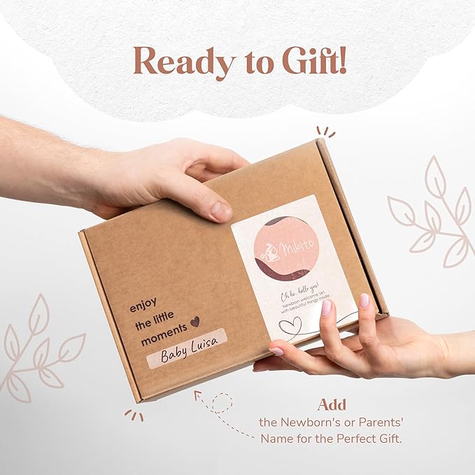 Mikito Organic Cotton Newborn Gifts Box, Unisex Loveys & Accessories incl. Muslin Baby Comforter + Baby Bandana Bib + Wooden Teether + Birth Announcement Sign