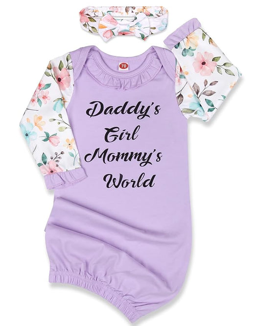 Newborn Gown Baby Girl 0-6 Months, Super Soft Baby Little Sister Sleeper Gowns, Babies Girls Nightgowns Coming Home Outfit Infant with Headband Set