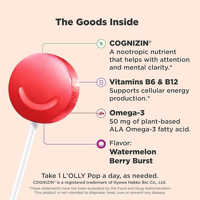 OLLY Focus Buddies L’OLLY Pops, Cognizin, Vitamins B6 and B12, Omega-3 ALA, Supports Focused Attention and Healthy Brain Function,* Kids 4+ Dietary Supplement, Watermelon Strawberry Flavored, 25 Count