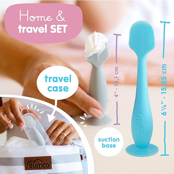 Bumco Baby Bum Brush + Mini Baby Diaper Cream Spatula with Case - BPA-Free Silicone Diaper Spatula with Suction Cup, Wipe-Clean, Mom-Invented Butt Paste Applicator (Blue & Gray)