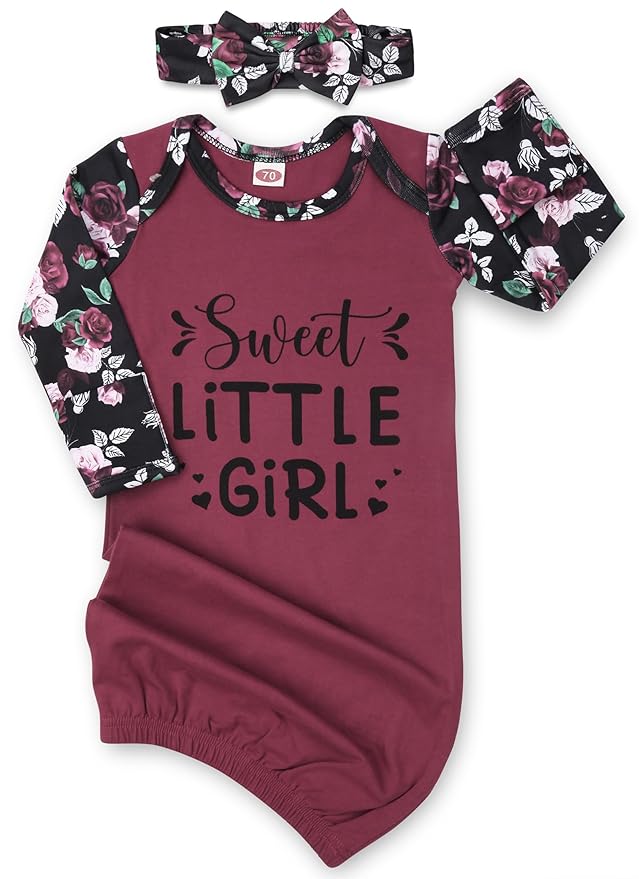 Baby Gown 0-6 Months, Super Soft Infant Nightgown for Baby Girl, Long Sleeve Newborns Sleepers Gown, Newborn Girls Outfits Essential with Headband Set Red