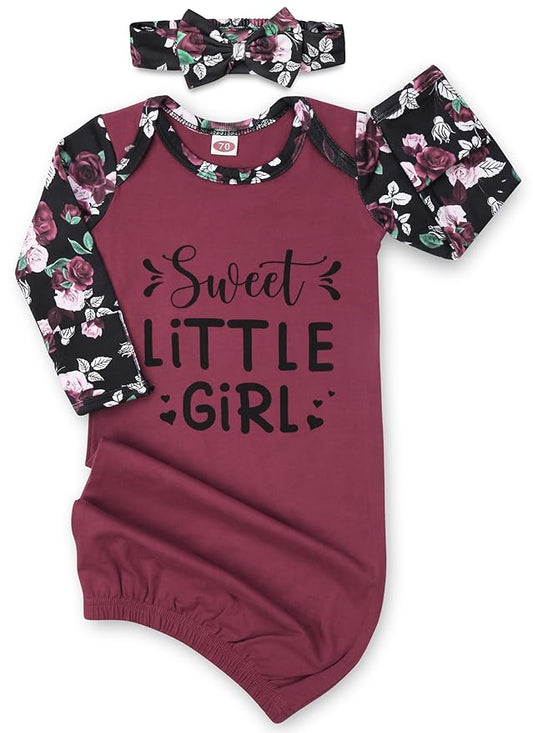 Baby Gown 0-6 Months, Super Soft Infant Nightgown for Baby Girl, Long Sleeve Newborns Sleepers Gown, Newborn Girls Outfits Essential with Headband Set Red