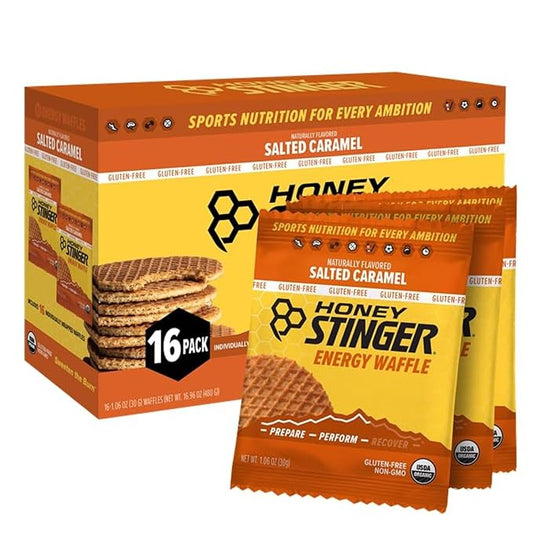 Honey Stinger Organic Gluten Free Salted Caramel Waffle, Energy Stroopwafel for Exercise, Endurance and Performance, Sports Nutrition for Home & Gym, Pre & Post Workout, Box of 16 Waffles, 16.96 Oz
