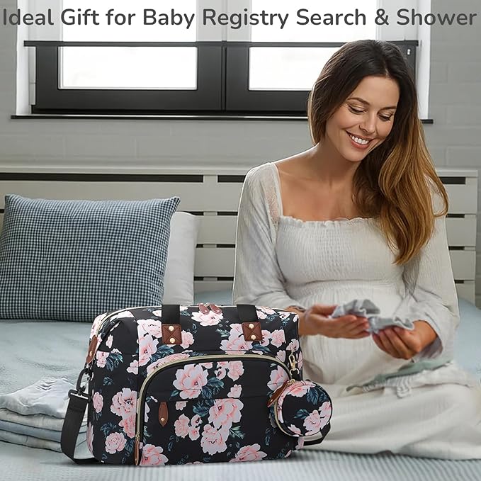 Diaper Bag Tote, Baby Bag Travel Diaper Tote Bag with Pacifier Case, Cute Maternity Hospital Baby Stylish Diaper Tote for Mom Dad Medium Size, Black Pink Floral