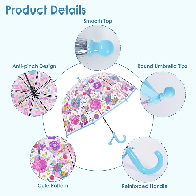 Kids Umbrella Clear Bubble Umbrellas for Rain,Transparent Dome Safety Windproof Umbrella with Easy-Grip Hook Handle for Toddler Girls and Boys