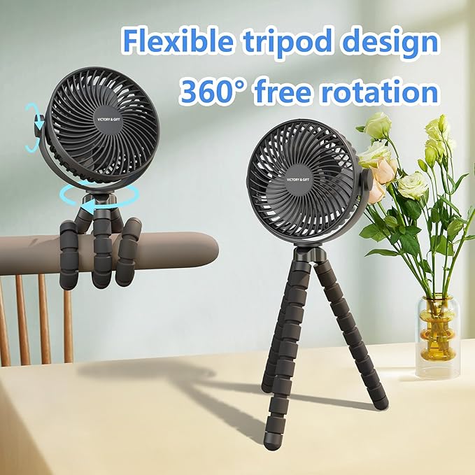 VICTORY & GIFT Portable Stroller Fan Handheld Fan 4 Wind Speeds, 4000mAh，360° Rotatable for Travel/Camping/Treadmill/Car Seat/Bedroom