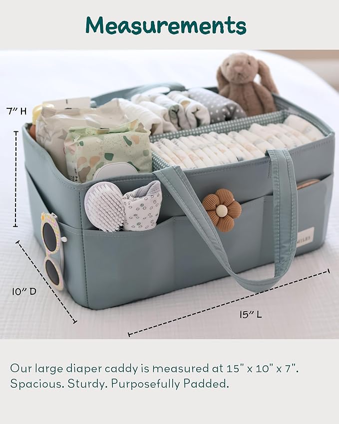 Lily Miles Baby Diaper Caddy Organizer, Wipeable Diaper Organizer Basket with 8 Pockets for Newborn Essentials, Nursery Tote Bag for Changing Table & Car Organization (Willow Green, Large)