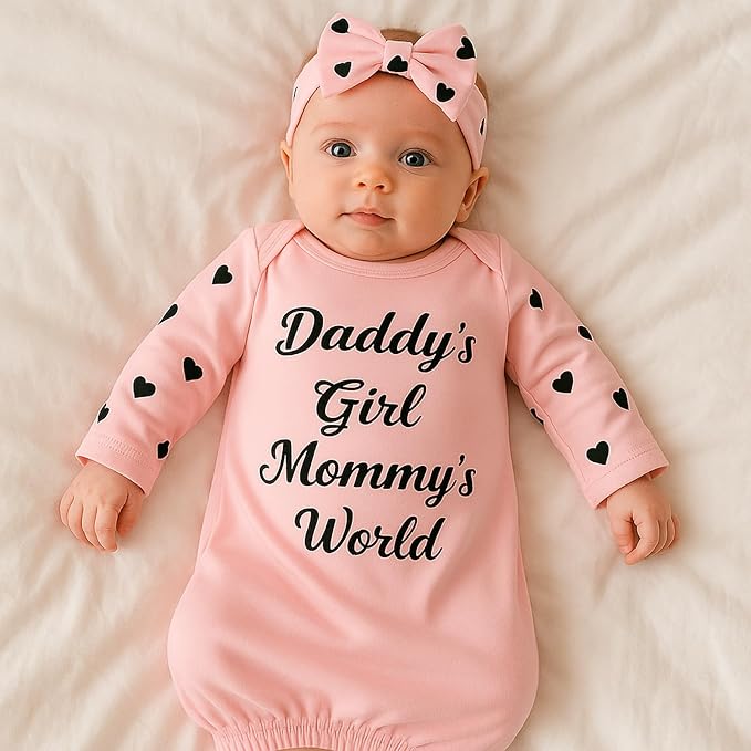 Newborn Baby Girl Gown 0-6 Months, Baby Girl Nightgowns, Babies Girls Gift, Little Sister Newborn Outfit and Coming Home Outfits with Headband Set Pink