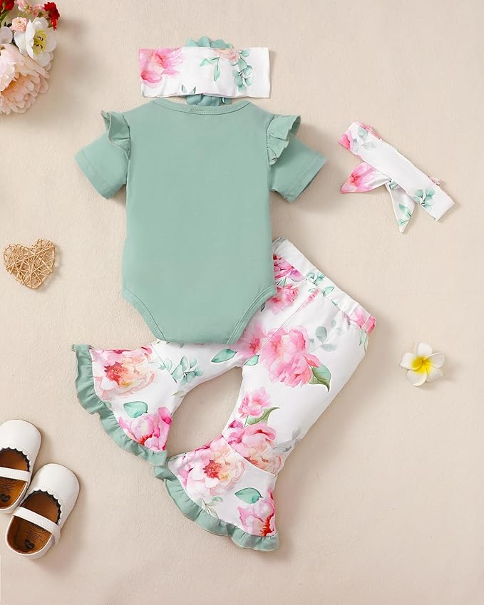 SUNNY PIGGY Newborn Baby Girl Clothes Infant Outfits Romper Floral Fall Outfit Bell Bottoms Pant Sets Hat Headband Flowerpant