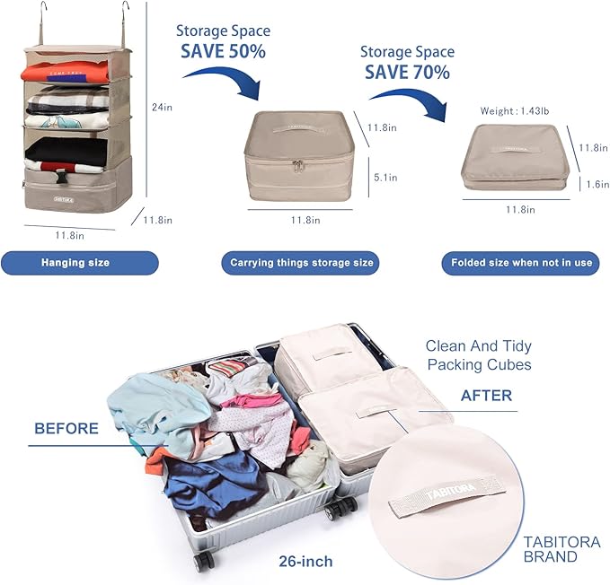 TABITORA Portable Hanging Travel Shelves Bag Packing Cube Organizer Suitcase Storage Large Capacity