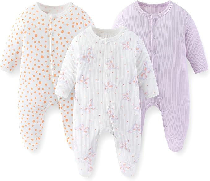 Unisex Baby Boy Girl Footies Rompers Cotton Long Sleeve 3 Pack Infant Jumpsuits 0-12Months Babies' Outfits