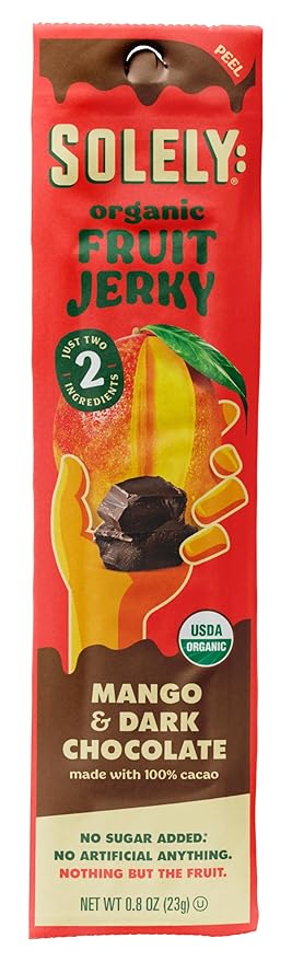 SOLELY - Organic Mango Chocolate Drizzled Fruit Jerky - 1 Individually Wrapped Fruit Strip - Fruit Leather Made from Dried Fruit - Healthy Snacks for Adults & Kids - Vegan - 0.8oz (23g)