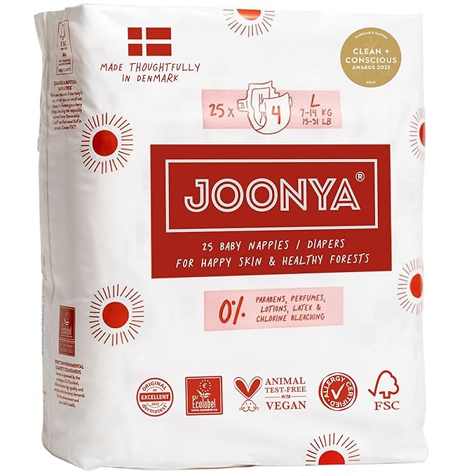 Joonya Baby Diapers, Size 4 L (15-31 lb) - 1 Bag of 25 - New Range - NonToxic, Eco-Friendly, Ultra Slim, Overnight Use - Made in Denmark