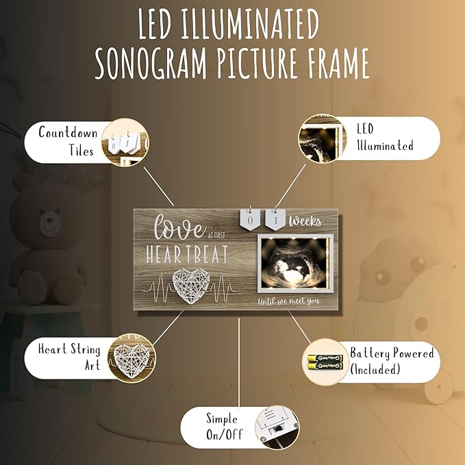LED Illuminated Baby Sonogram Picture Frame - Countdown Weeks Feature, 4"x3" Ultrasound Photo for Pregnancy Announcements, Gender Reveal, Baby-Shower, New Mom Gifts, Keepsake for Expecting Parents