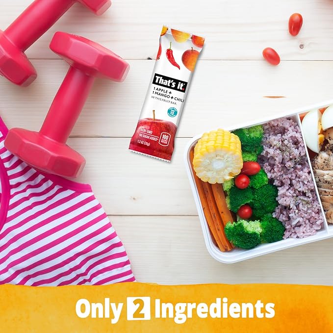 That's it. Apple+Mango+Chili 100% Natural Great Tasting Real Dried Fruit Bar, Vegan, Gluten Free, Paleo, Kosher, Non GMO, No Preservatives, No Added Sugar (12 Packs)