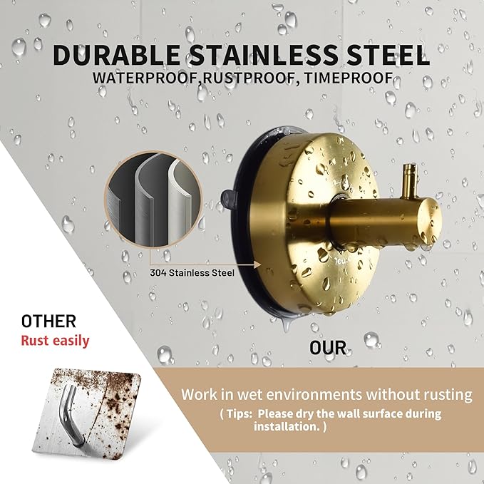 JOMOLA Suction Cup Shower Hooks for Hanging Towel Suction Hook for Inside Shower Stainless Steel Coat Hooks Wall Mounted Kitchen Utensil Stainless Steel, Brushed Gold, 2PCS