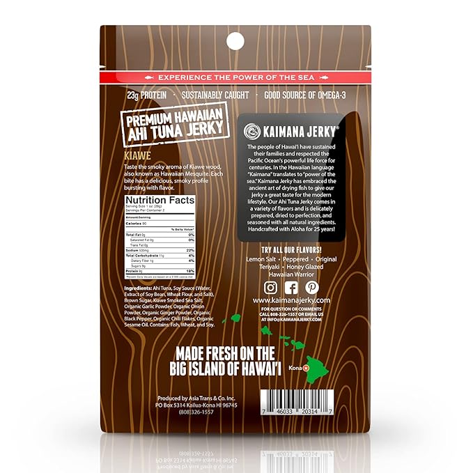 Kaimana Ahi Tuna Jerky Kiawe Smoked Sea Salt 2 Ounce - Soft and Tasty - Premium Fish Jerky Made in the USA. High in Omega 3's, All Natural and Wild Caught