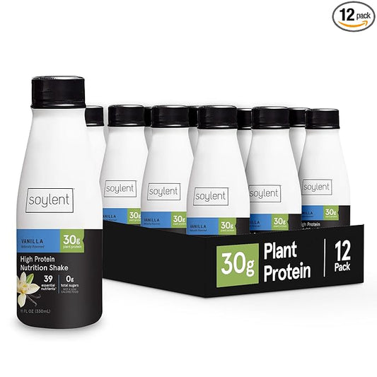 Soylent Complete Protein Shake, Vanilla, 30g Protein, Vegan, Dairy Free and 0g Sugar, Ready to Drink Protein Drinks, 11oz (12 Pack)