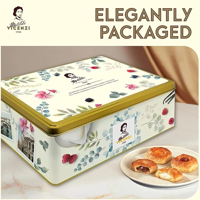Pasticceria Matilde Vicenzi 5 O'Clock Tea Time Cookie Assortment Gift Tin - Butter Pastries, Chocolate & Vanilla Filled Gourmet Cookies - Bakery Snacks Made in Italy for Father's Day - 13.23oz (375g)
