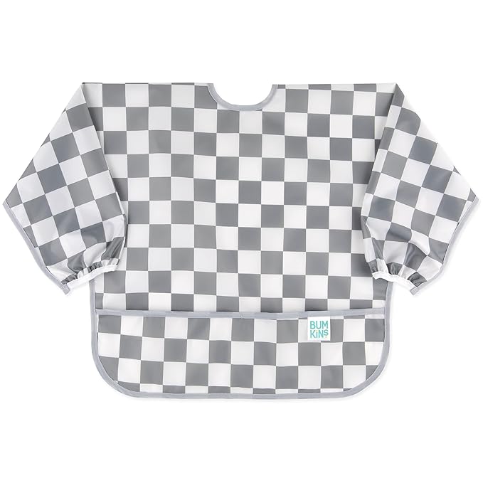 Bumkins Sleeved Bib for Girl or Boy, Baby and Toddler for 6-24 Mos, Essential Must Have for Eating, Feeding, Baby-Led Weaning Supplies, Long Sleeve Mess Saving Food Catcher, Fabric, Gray Check