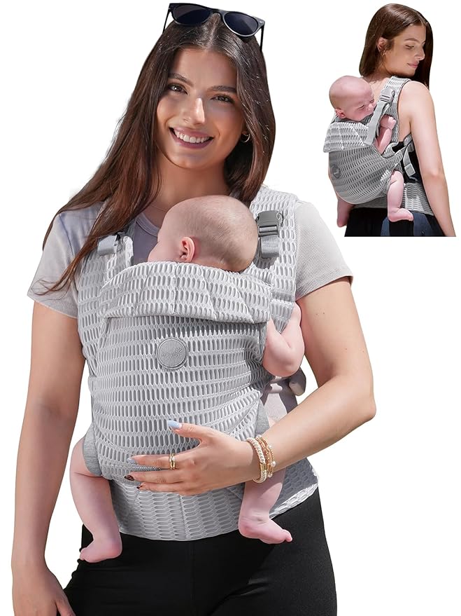 Grownsy Baby Carrier Newborn to Toddler (7-44lbs), Ergonomic & Cozy Wraps with One-Click Buckle, Mesh & Head Support for Hands-Free Comfort, Silver Gray