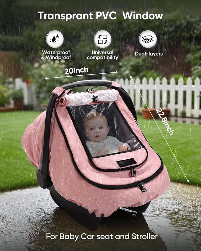 Waterproof Car Seat Cover for Baby, 2-Layer Car Seat Rain Cover with Clear Window & Sunshade & Mesh Cover, Universal Infant Carseat Canopy for Stroller, Protect from Rain and Snow - Pink