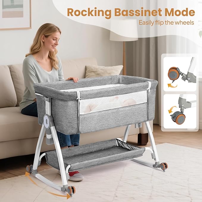 JOYMOR 3 in 1 Baby Bassinet, Bedside Bassinet for Baby, with Comfy Mattress and Wheels, 6 Height Adjustable Easy Folding Portable Bedside Crib for Newborn (Gray)