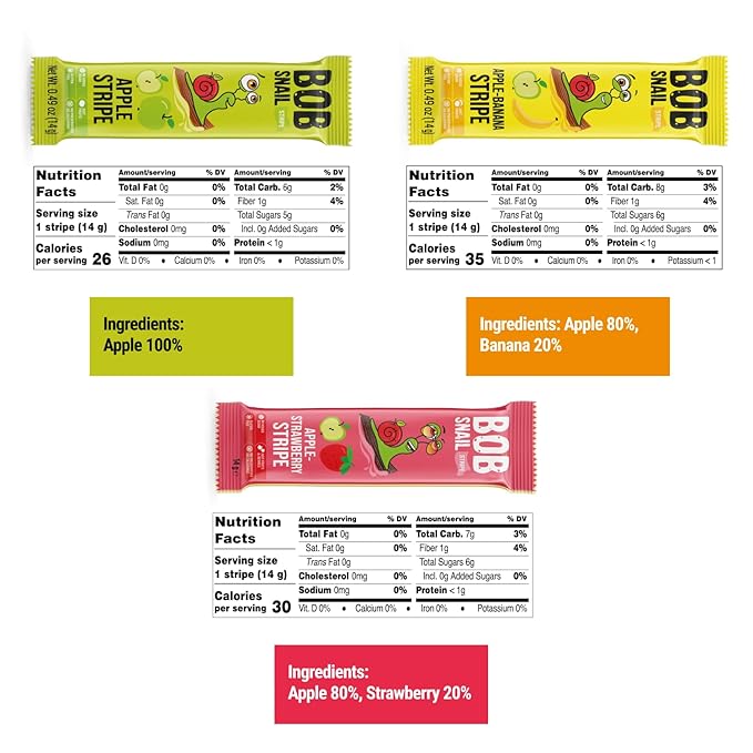 BOB SNAIL Healthy Organic Fruit Snacks for Kids and Adults – 30 Organic Fruit Leather Snacks with Apple, Banana, Strawberry – Vegan Low-Carb Variety Pack Strips for Kids – Sugar Free Jerky Bars
