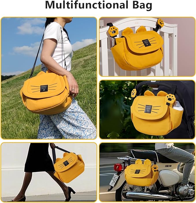SUNVENO Kitty Stroller Organizer Bag – Universal Baby Stroller Caddy with 2 Cup Holders, Adjustable Straps, Waterproof Oxford, Lightweight Travel Accessory for Strollers, Prams & Pushchairs,Yellow