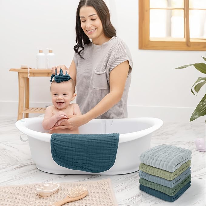 Comfy Cubs Muslin Baby Washcloths 10 Pack - Soft 6-Layer Cotton Wash Cloths for Sensitive Skin - 10"x10" Large, Gentle, Absorbent Infant Essentials for Newborn and Toddlers - Multi Boy