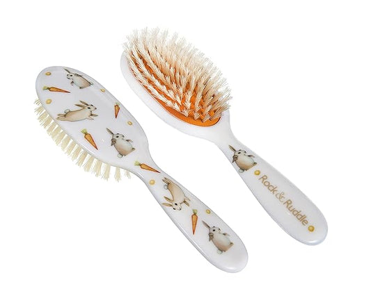 Rock & Ruddle Soft White Natural Boar Bristle Hairbrush for Babies and Young Children. Perfect for Fine Hair Detangling and Smoothing. Little Rabbits Design, Small