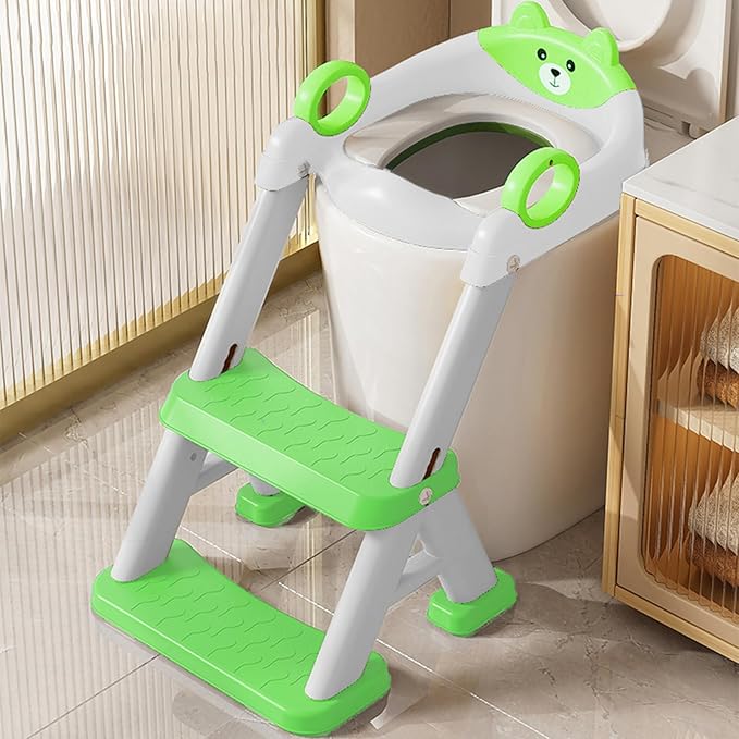 PandaEar Toilet Potty Training Seat with Step Stool Ladder, Comfortable Safe Potty Seat with Anti-Slip Pads Ladder & Bear Design for Kids Boys Toddlers -Green