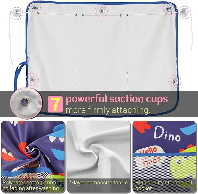 Car Window Shade for Baby, 2 Pack Car Sun Shades with Storage Net Pocket Auto Window Curtain 7 Suction Cups Blue Dinosaurs for Sun/Heat/UV Rays Protection Kids