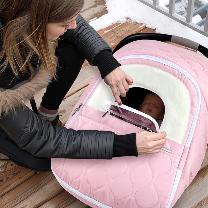 Winter Baby Car Seat Cover, Waterproof, Windproof Warm Fleece Breathable with Full Zipper for Newborn Car Seat, Pink