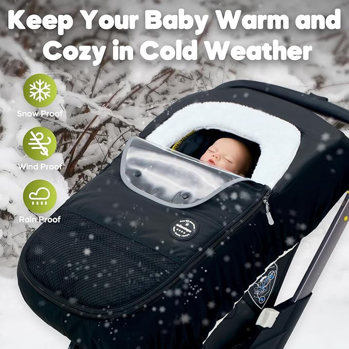 Mamatepe Winter Baby Car Seat Cover, Rain and Snow Repellent, Windproof Warm Fleece Breathable with U Shape Zipper for Newborn Car Seat, Universal for Infant Car Seat, Black