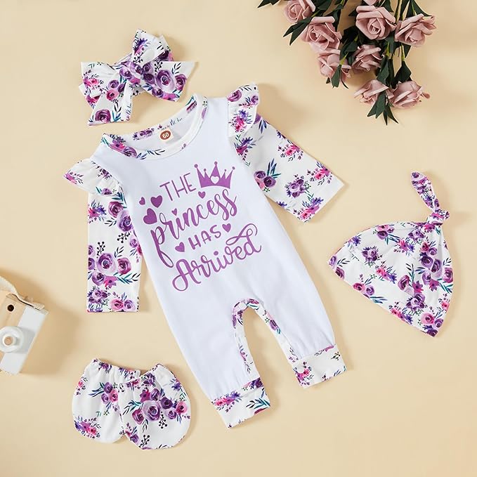 GRNSHTS Newborn Baby Girl Romper Infant Letter Print Jumpsuit Floral Bodysuit+Hat+Headband+Gloves Coming Home Clothes Outfits